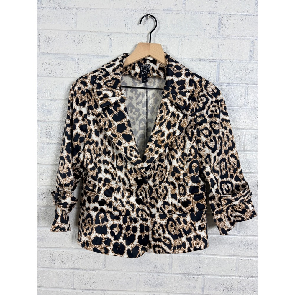 Clara Sunwoo Leopard Print Blazer Women Size S Tan Black 3/4 Sleeve Buckle Cuff